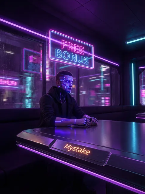 Cyberpunk gambler with glowing augmentations in neon-lit Neo-Tokyo den with FREE BONUS hologram and Mystake branding