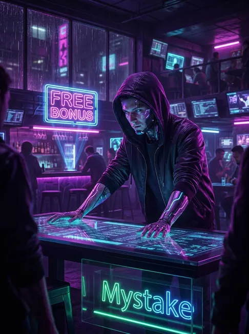 Futuristic cyberpunk gambler with glowing augmentations in neon-lit Neo-Tokyo den with FREE BONUS hologram and Mystake sign