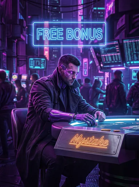 Cyberpunk gambler with glowing augmentations in neon-lit Neo-Tokyo den with FREE BONUS hologram and Mystake branding