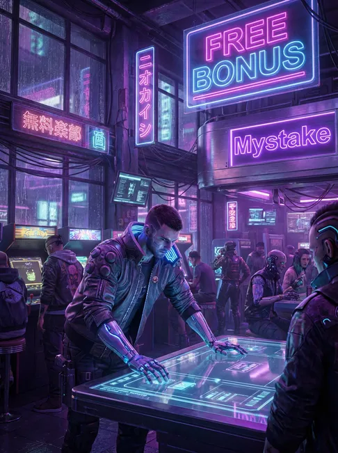 Cyberpunk gambler with glowing augmentations in neon-lit Neo-Tokyo den with FREE BONUS hologram and Mystake branding