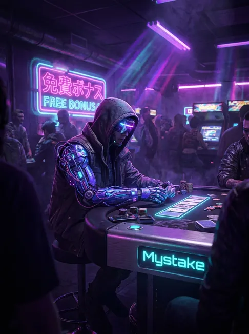 Futuristic cyberpunk gambler with glowing augmentations in neon-lit Neo-Tokyo den with FREE BONUS hologram and Mystake sign