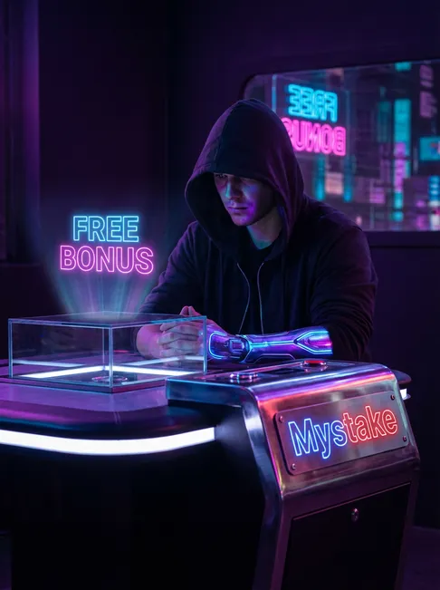 Futuristic cyberpunk gambler with glowing augmentations in neon-lit Neo-Tokyo den with FREE BONUS hologram and Mystake sign