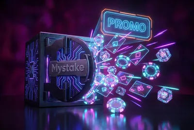 Futuristic cyber-vault bursting open with glowing casino chips, neon cards, dice, and holographic PROMO text on dark violet