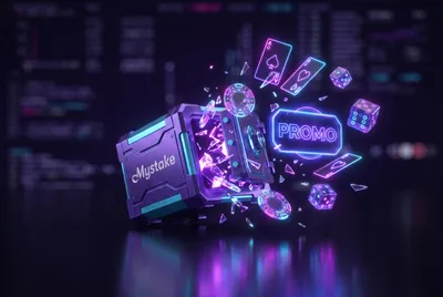 Mystake cyber vault bursting open with glowing casino chips, neon cards, dice, and holographic PROMO text on dark violet back