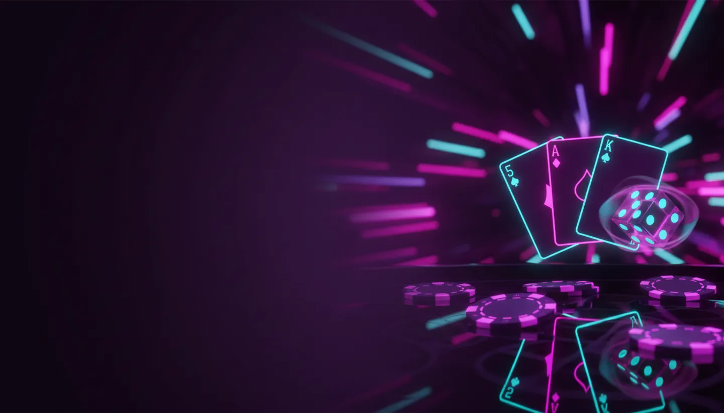 Luxurious dark violet casino scene with glowing chips cards and dice under cinematic magenta and cyan neon lighting