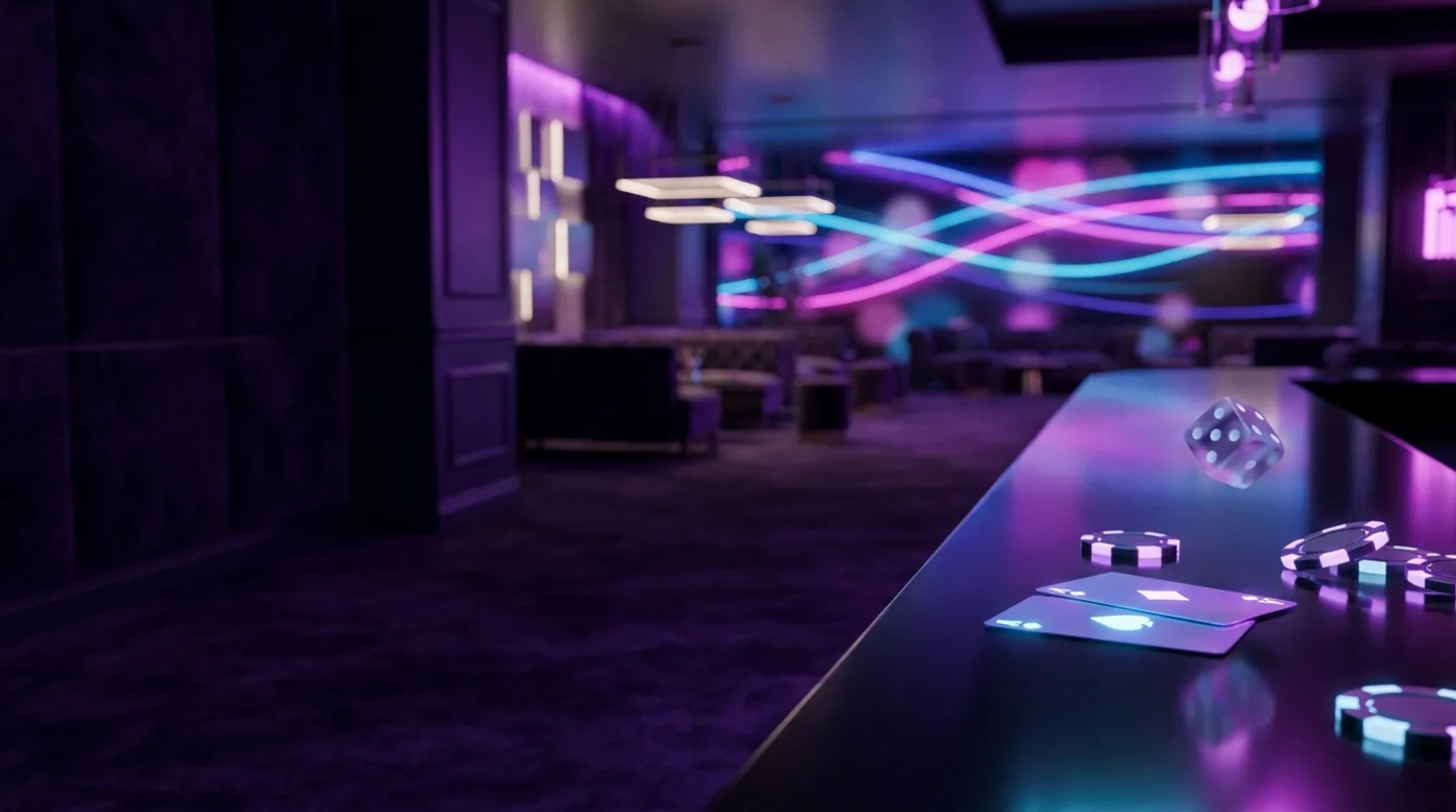 Luxurious dark violet VIP casino scene with glowing chips cards and rolling dice under neon purple and cyan lighting