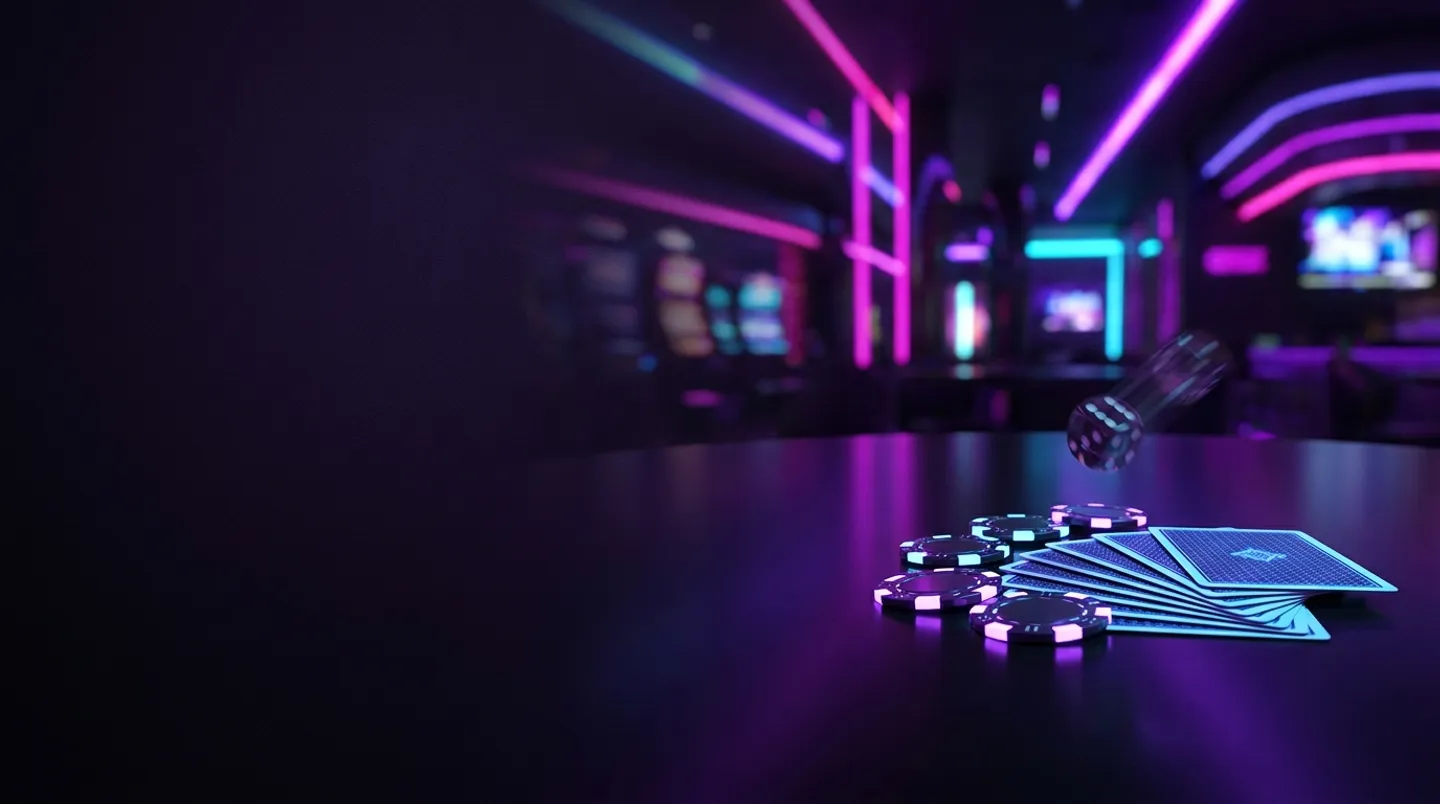 Luxurious dark violet VIP casino scene with glowing chips cards and rolling dice under neon purple and cyan lighting