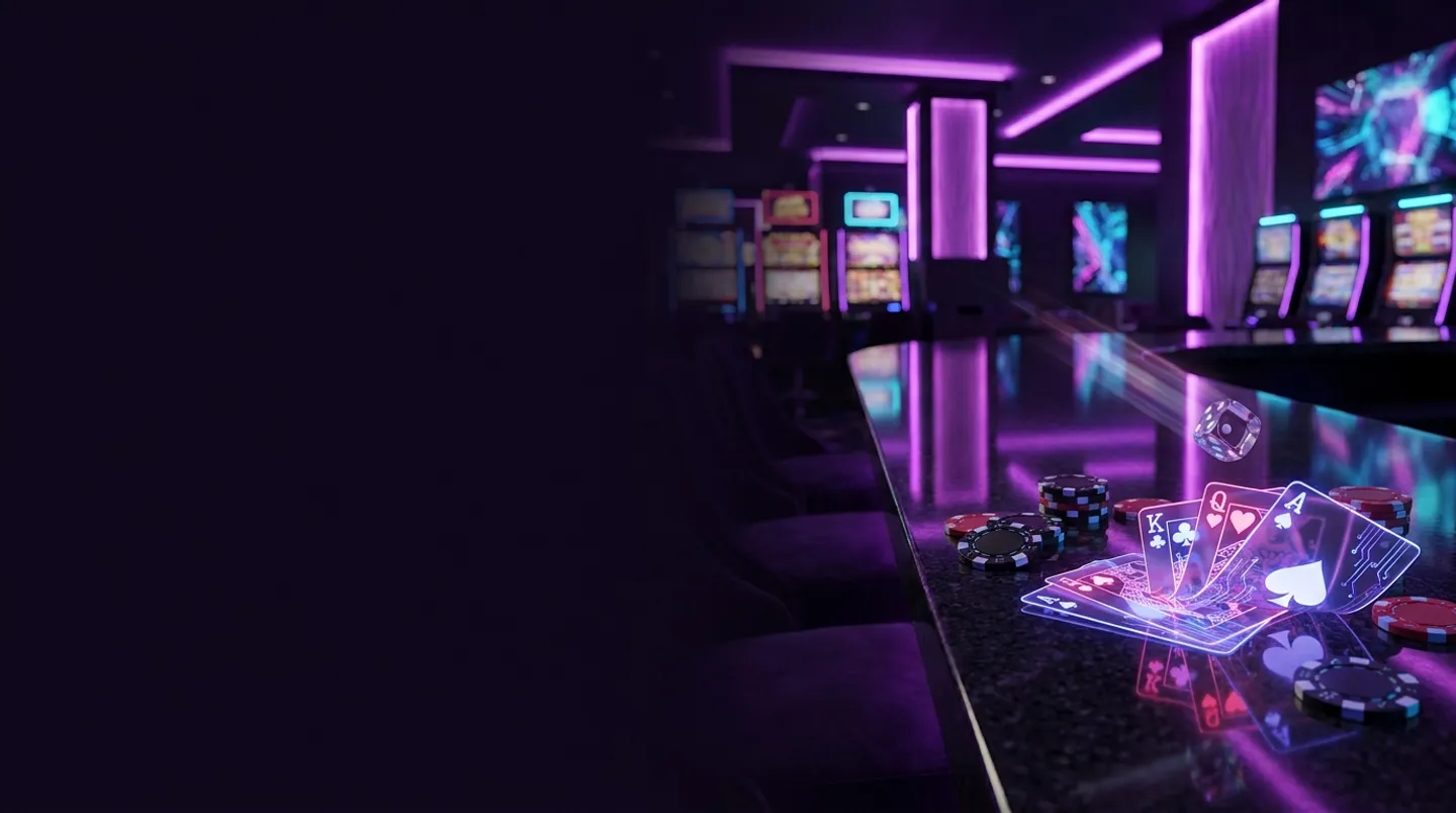 Luxurious dark violet VIP casino scene with glowing chips cards and rolling dice under neon purple and cyan lighting