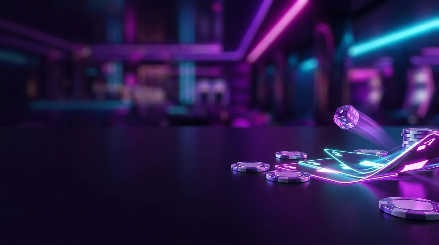 Luxurious dimly-lit VIP casino with scattered chips glowing cards and rolling dice in electric purple and cyan neon light