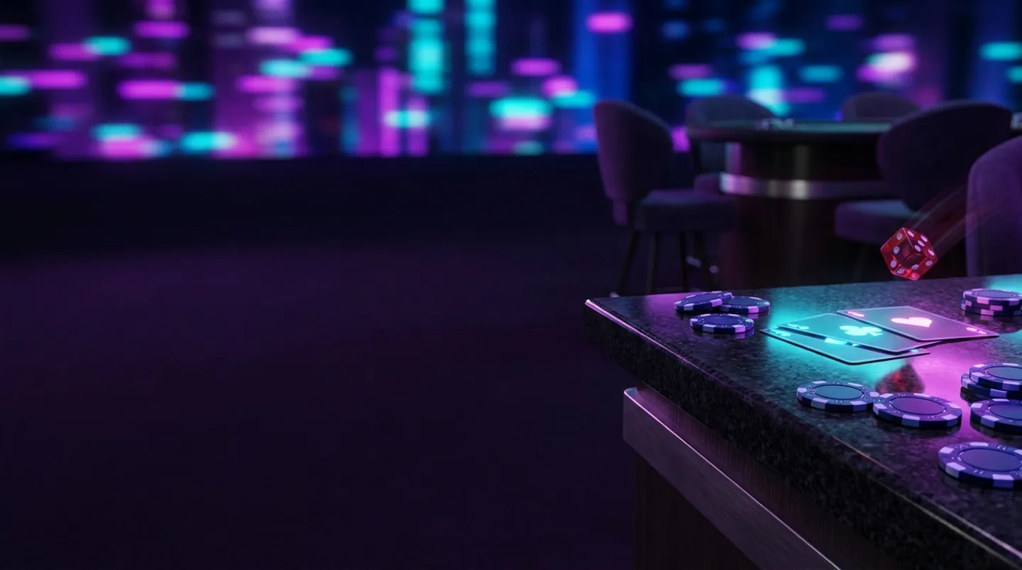 Luxurious dark violet VIP casino scene with glowing chips cards and rolling dice under purple and cyan neon lighting